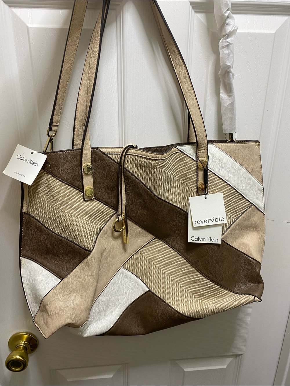 Calvin Klein Patchwork Reversible Tote in Brown, Beige & White